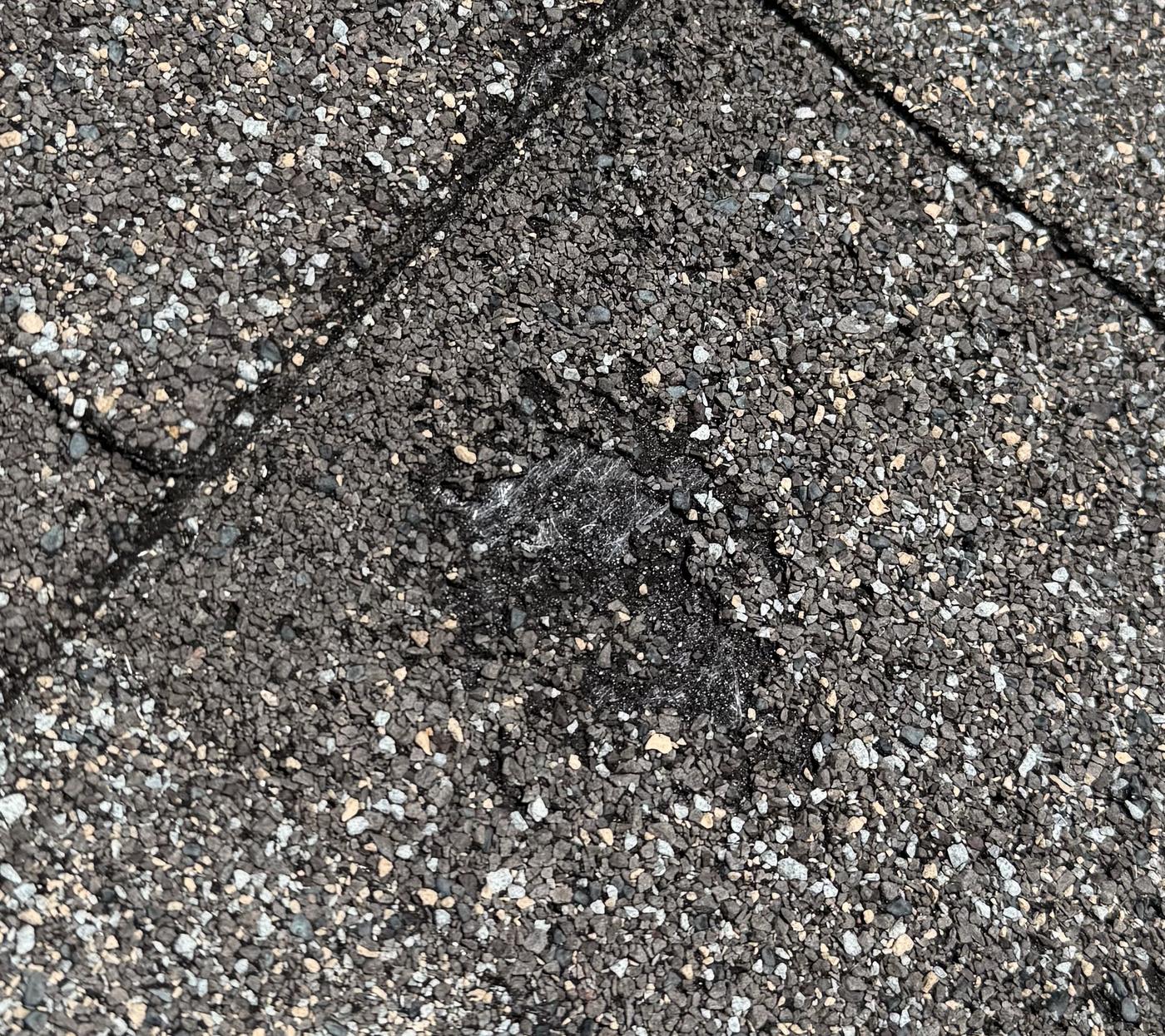 Close-up of an asphalt shingle with granules knocked away exposing the mat, caused by hail impact