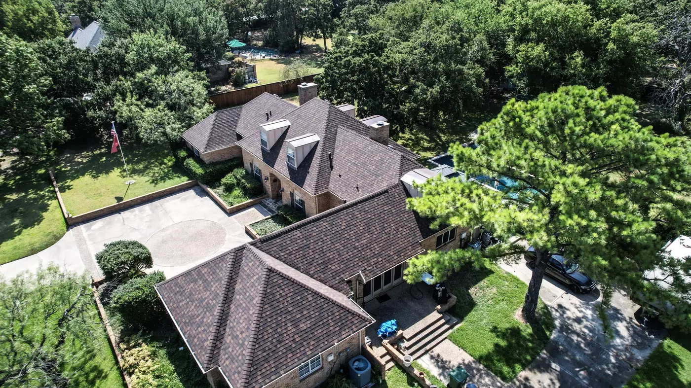 Aerial view of a completed residential roof in the Southlake area